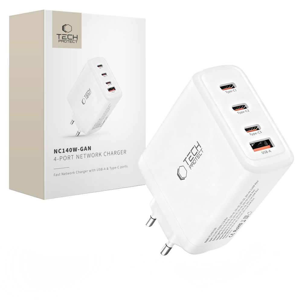 Chargeur Réseau Tech-Protect NC140W-GAN, 140W, 5A, 1 x USB-A - 3 x USB-C, Blanc
