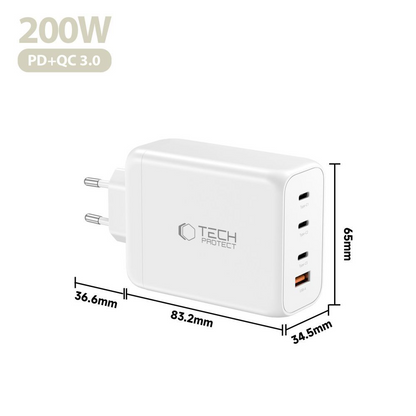 Netzladegerät Tech-Protect NC200W-GAN, 200W, 5A, 1 x USB-A - 3 x USB-C, Weiß
