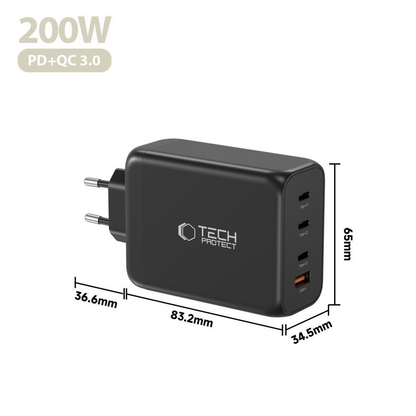 Netzladegerät Tech-Protect NC200W-GAN, 200W, 5A, 1 x USB-A - 3 x USB-C, Schwarz