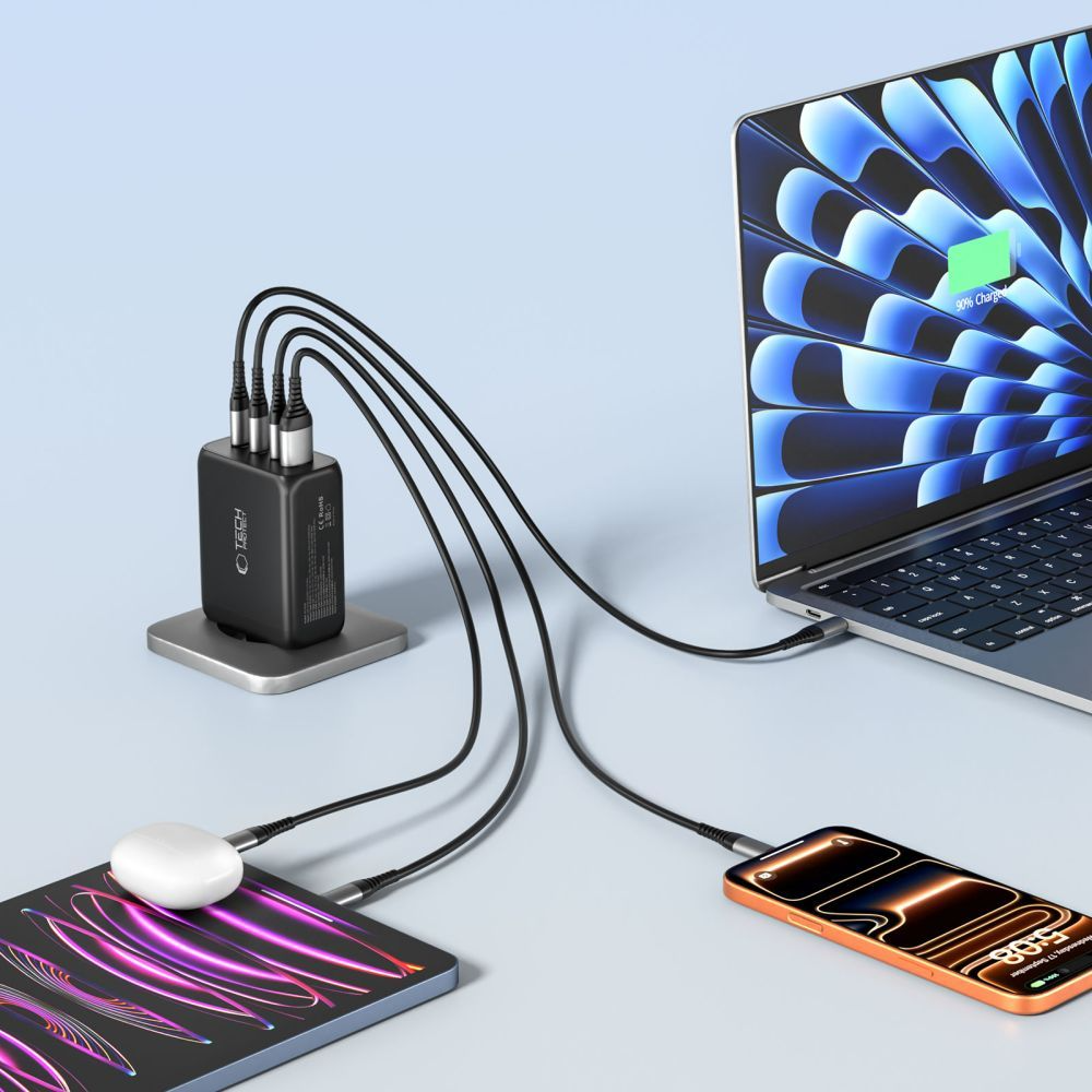 Netzladegerät Tech-Protect NC200W-GAN, 200W, 5A, 1 x USB-A - 3 x USB-C, Schwarz