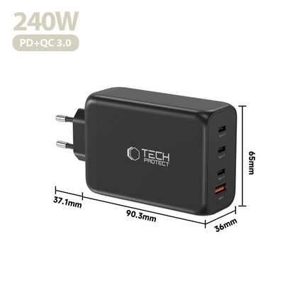 Caricabatterie Retea Tech-Protect NC240W-GAN, 240W, 5A, 1 x USB-A - 3 x USB-C, Nero