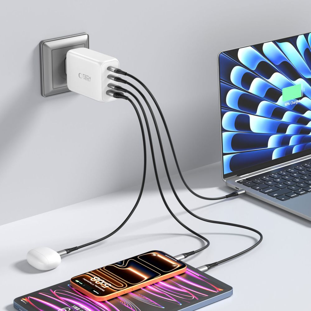 Chargeur Réseau Tech-Protect NC240W-GAN, 240W, 5A, 1 x USB-A - 3 x USB-C, Blanc