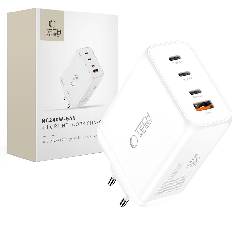 Chargeur Réseau Tech-Protect NC240W-GAN, 240W, 5A, 1 x USB-A - 3 x USB-C, Blanc