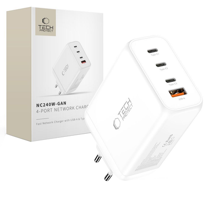 Chargeur Réseau Tech-Protect NC240W-GAN, 240W, 5A, 1 x USB-A - 3 x USB-C, Blanc