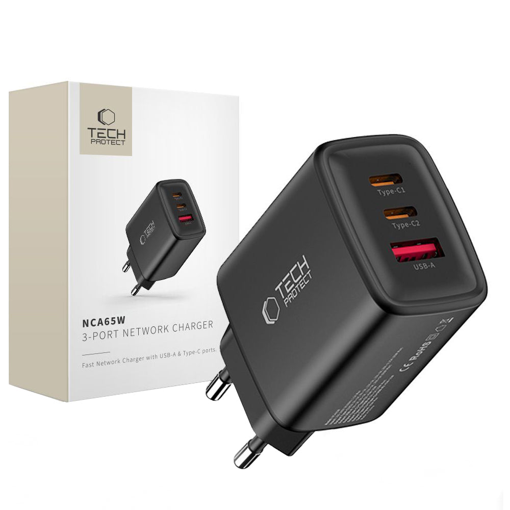 Caricabatterie Rete Tech-Protect NCA65W, 65W, 3A, 1 x USB-A - 2 x USB-C, Nero