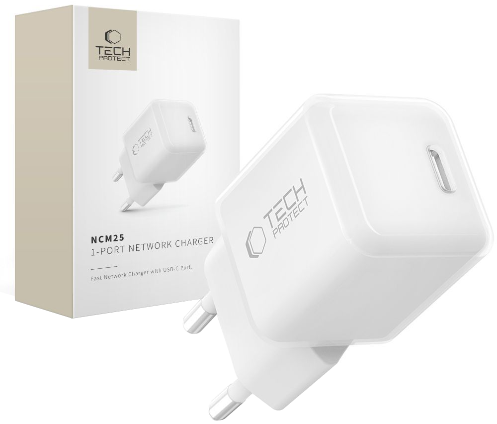 Caricatore da rete Tech-Protect NCM25, 25W, 3A, 1 x USB-C, Bianco