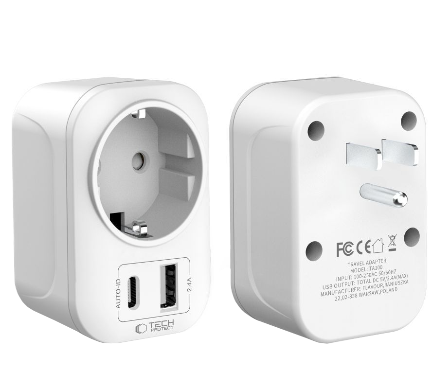 Caricabatterie Retea Tech-Protect TA100 Travel US, 20W, 3A, 1 x Schuko - 1 x USB-A - 1 x USB-C, Bianco