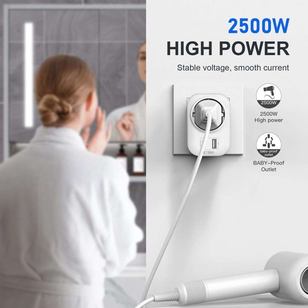 Netzladegerät Tech-Protect TA100 Travel UK, 20W, 3A, 1 x Schuko - 1 x USB-A - 1 x USB-C, Weiß