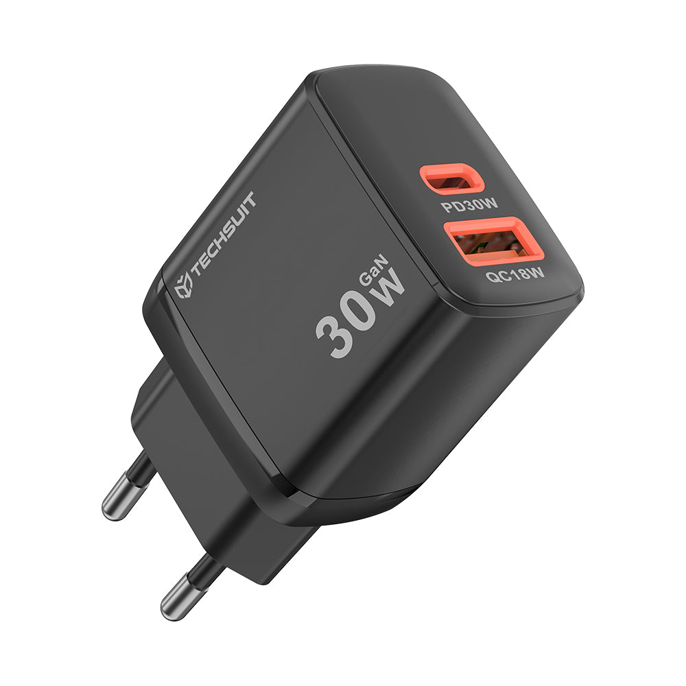 Netzladegerät Techsuit CH1 Duonix, 30W, 3A, 1 x USB-A - 1 x USB-C, Schwarz