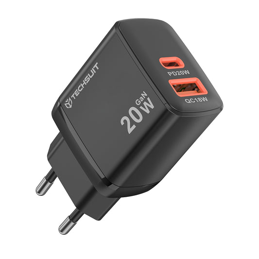Techsuit CH2 Duonix Netzladegerät, 20W, 3A, 1 x USB-A - 1 x USB-C, Schwarz