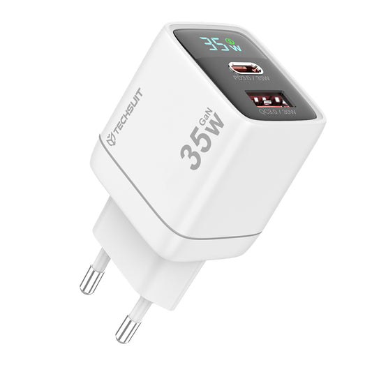 Netzladegerät Techsuit CH3 LEDChargX Display, 35W, 3A, 1 x USB-A - 1 x USB-C, Weiß