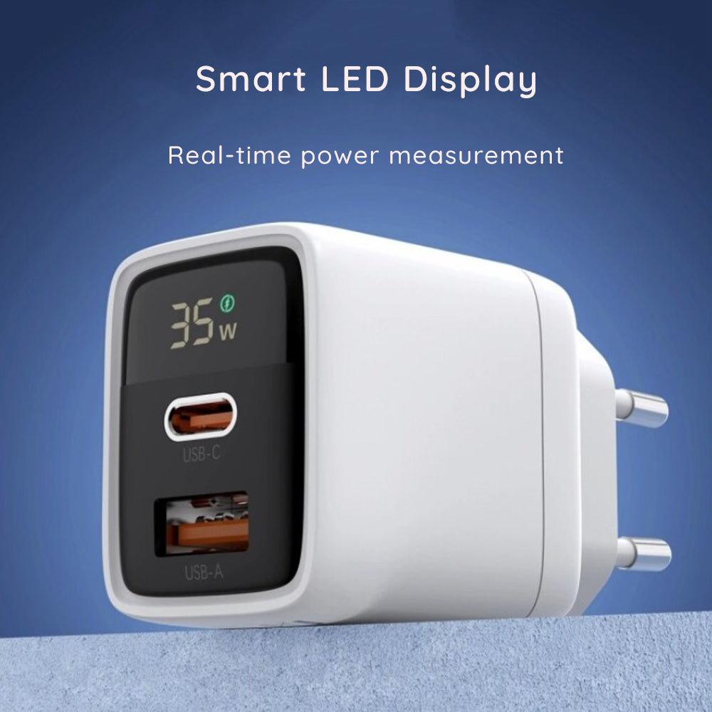 Netzladegerät Techsuit CH3 LEDChargX Display, 35W, 3A, 1 x USB-A - 1 x USB-C, Weiß