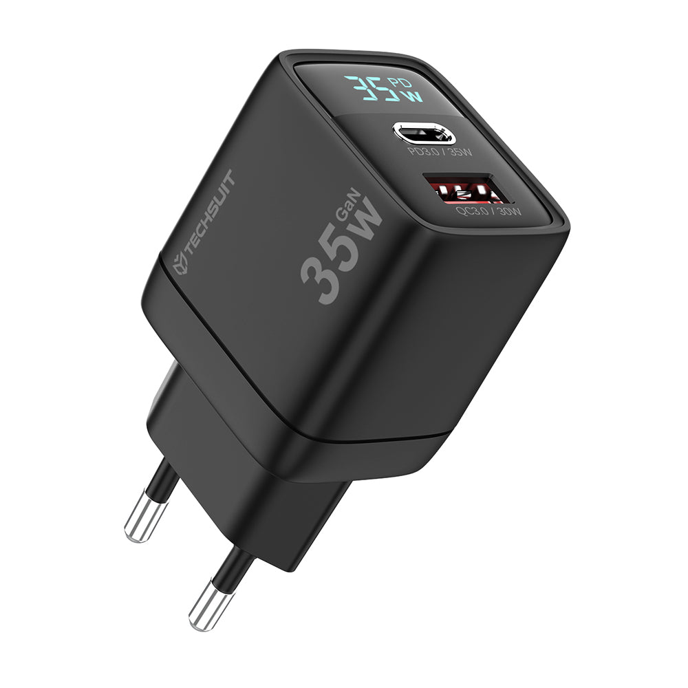 Netzladegerät Techsuit CH3 LEDChargX Display, 35W, 3A, 1 x USB-A - 1 x USB-C, Schwarz