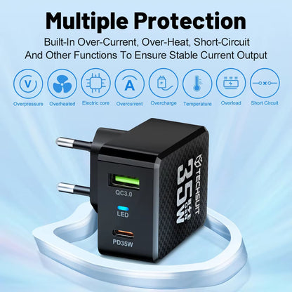 Chargeur Réseau Techsuit CHPD173 Tiny, 35W, 3A, 1 x USB-A - 1 x USB-C, Noir
