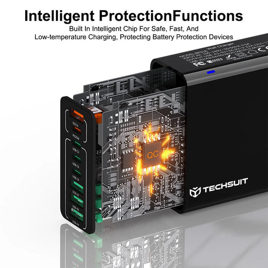 Chargeur Réseau Techsuit CHPD224, 65W, 3.25A, 4 x USB-A - 4 x USB-C, Noir