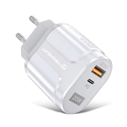 Chargeur Réseau Techsuit Premium, 20W, 3A, 1 x USB-A - 1 x USB-C, Blanc