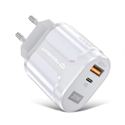 Caricabatterie Retea Techsuit Premium, 20W, 3A, 1 x USB-A - 1 x USB-C, Bianco