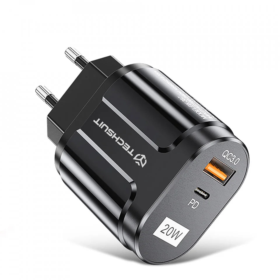 Caricabatterie Rete Techsuit Premium, 20W, 3A, 1 x USB-A - 1 x USB-C, Nero CHPD038