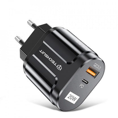 Caricabatterie Rete Techsuit Premium, 20W, 3A, 1 x USB-A - 1 x USB-C, Nero CHPD038