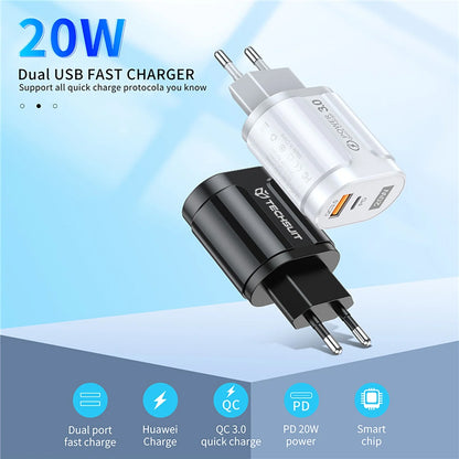 Caricabatterie Rete Techsuit Premium, 20W, 3A, 1 x USB-A - 1 x USB-C, Nero CHPD038