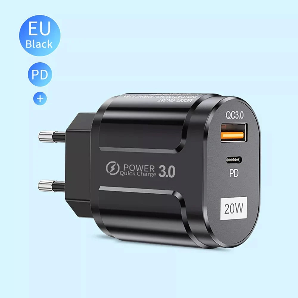 Caricabatterie Rete Techsuit Premium, 20W, 3A, 1 x USB-A - 1 x USB-C, Nero CHPD038