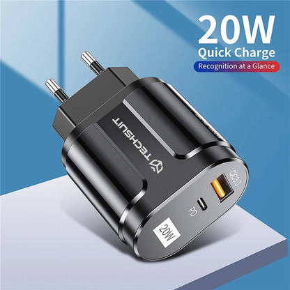 Caricabatterie Rete Techsuit Premium, 20W, 3A, 1 x USB-A - 1 x USB-C, Nero CHPD038