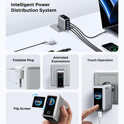 Chargeur secteur UGREEN Nexode Pro X772 (95942B) avec écran, 100 W, 5 A, 1 port USB-A et 3 ports USB-C, gris