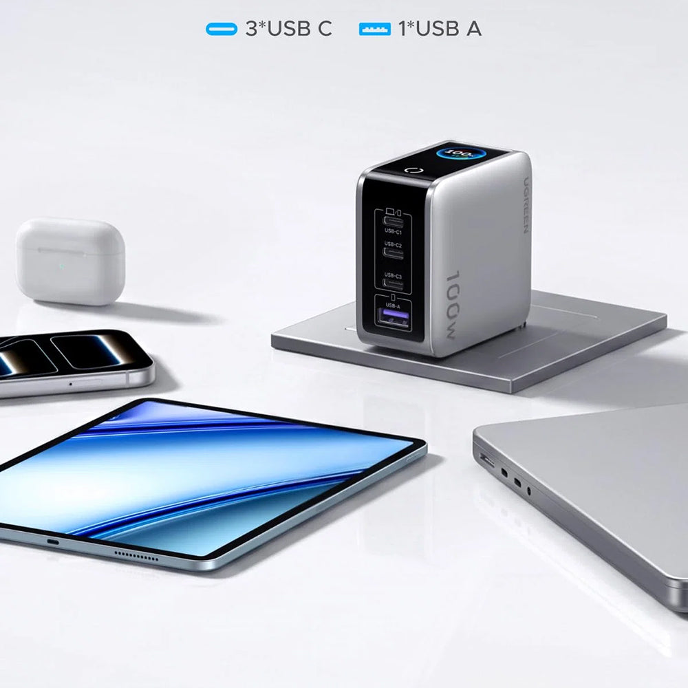 Chargeur secteur UGREEN Nexode Pro X772 (95942B) avec écran, 100 W, 5 A, 1 port USB-A et 3 ports USB-C, gris