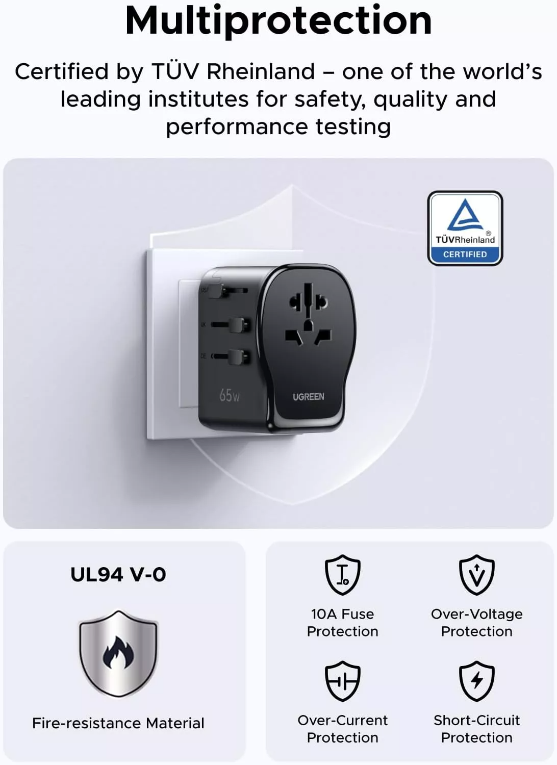 Caricatore da rete UGREEN Travel S550 (55001), 65W, 3,25A, 1 x USB-A - 2 x USB-C, Nero