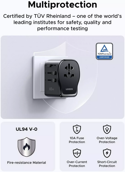 Caricatore da rete UGREEN Travel S550 (55001), 65W, 3,25A, 1 x USB-A - 2 x USB-C, Nero