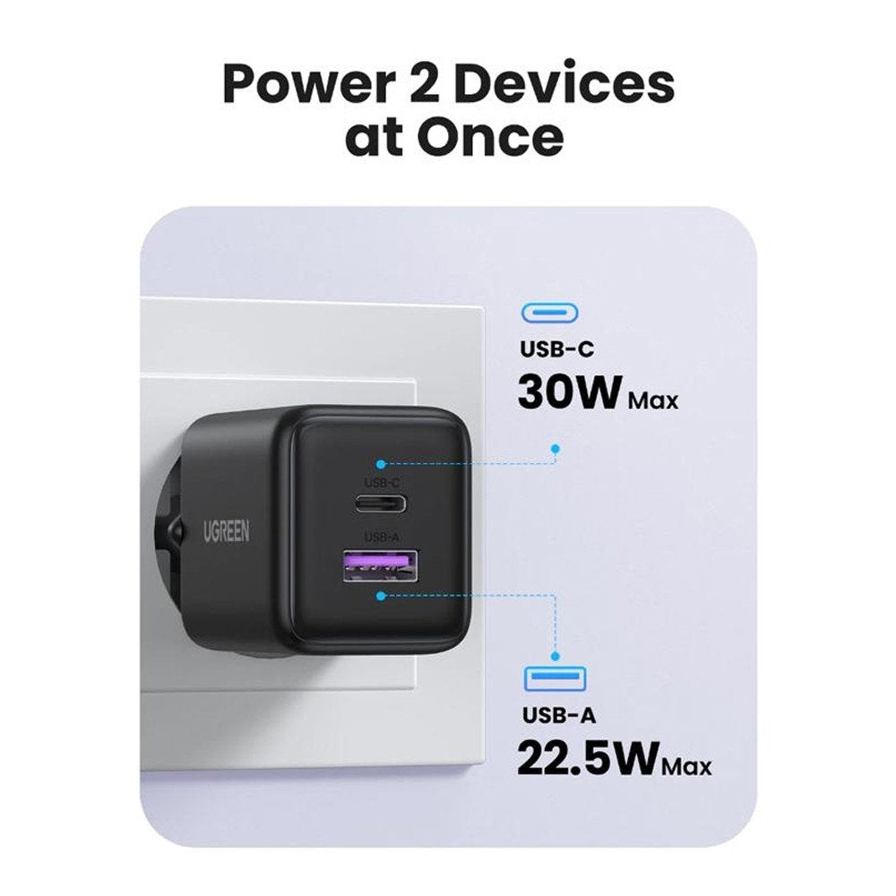 Chargeur Réseau UGREEN X516, 30W, 3A, 1 x USB-A - 1 x USB-C, Noir