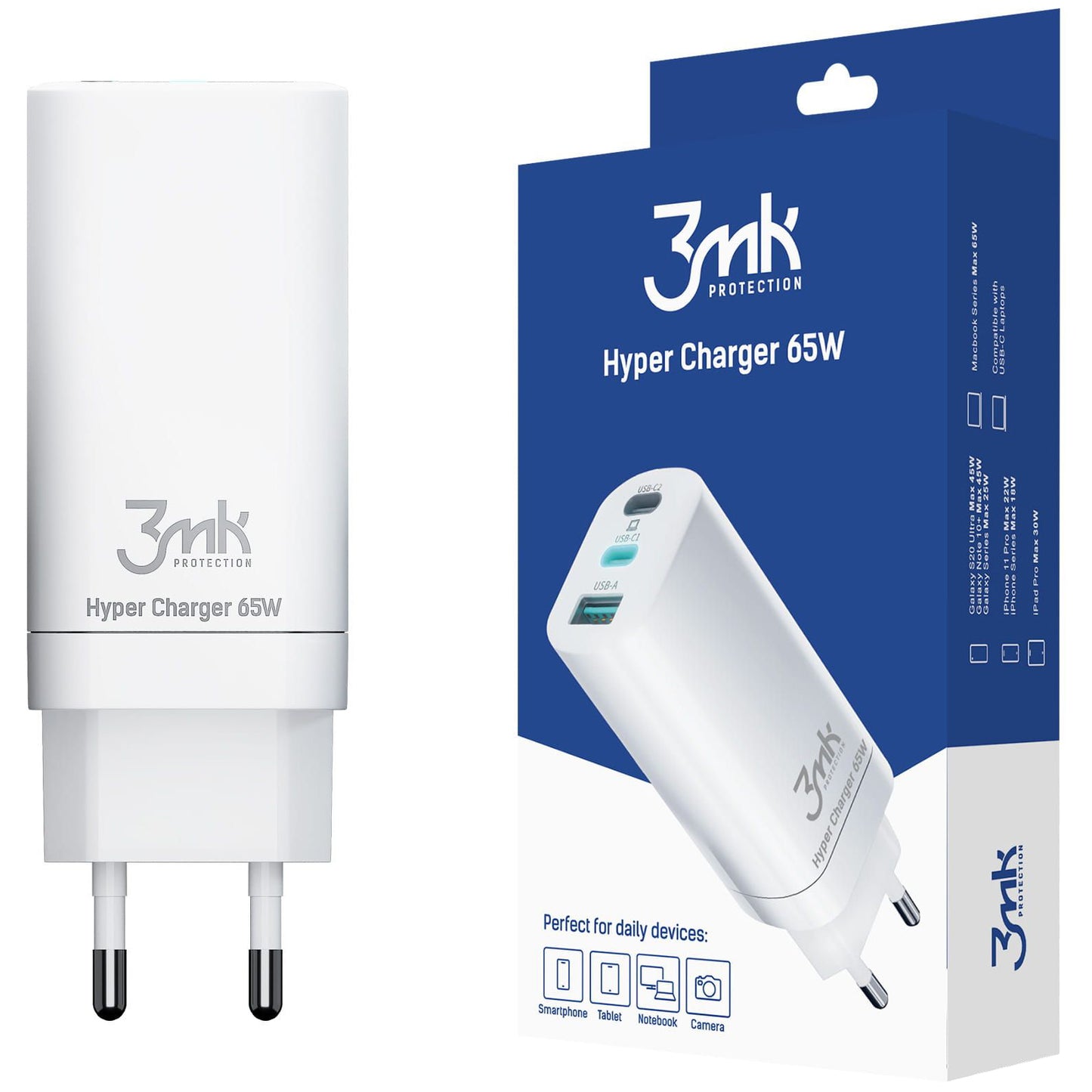 3MK HyperCharger Netzladegerät, 65W, 5A, 1 x USB-A - 2 x USB-C, Weiß