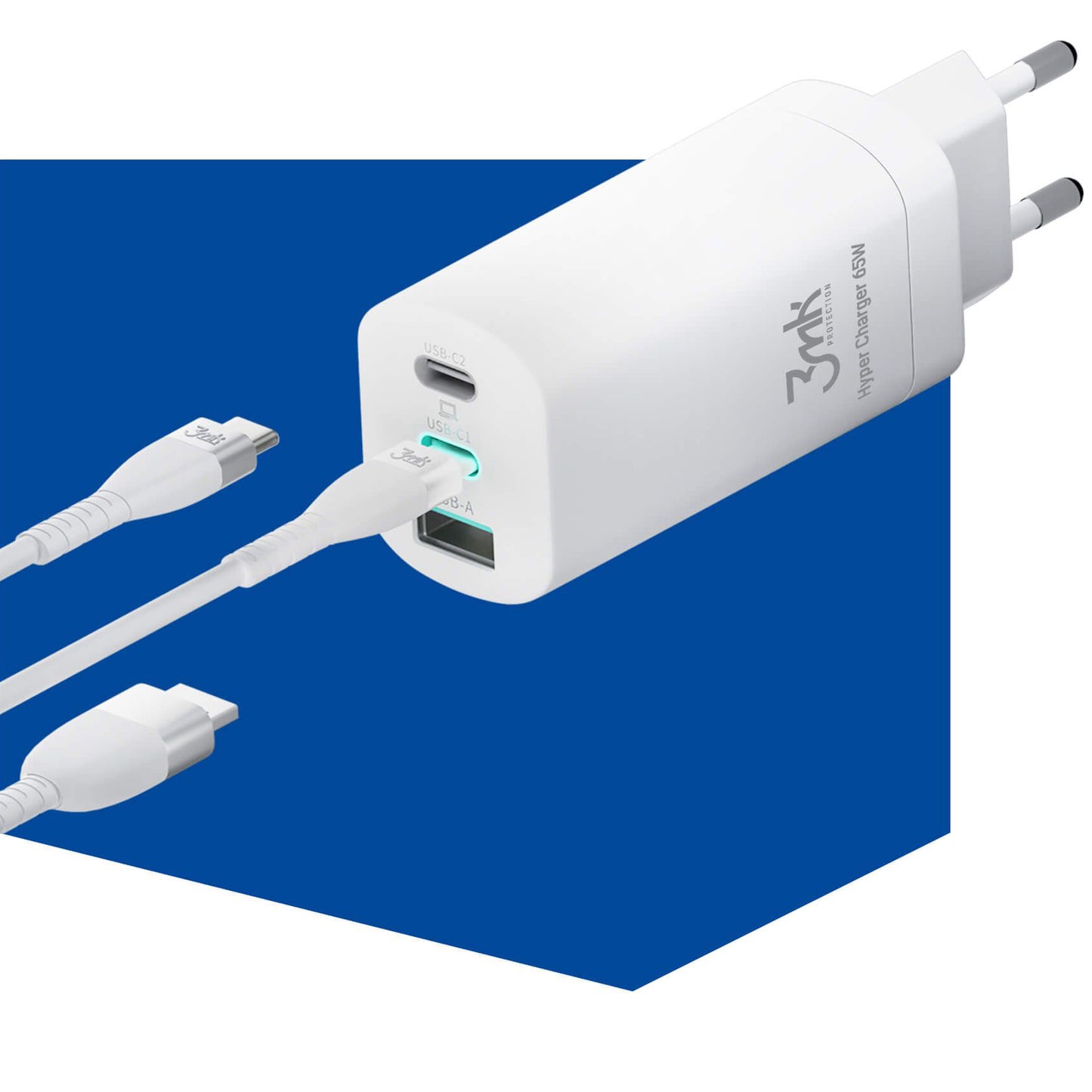 3MK HyperCharger Netzladegerät, 65W, 5A, 1 x USB-A - 2 x USB-C, Weiß