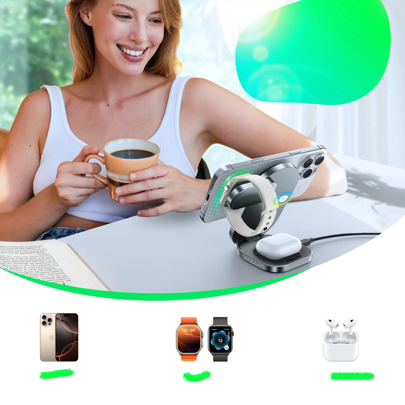 Chargeur Réseau Sans Fil Joyroom JR-W17 3en1, 15W, 1.67A, Noir