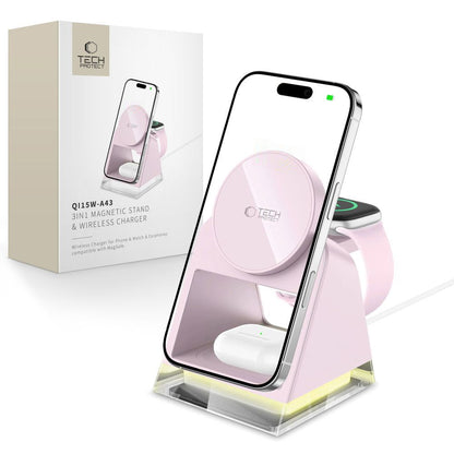 Drahtloses Netzladegerät Tech-Protect A43 3in1, 15W, 1.67A, Rosa