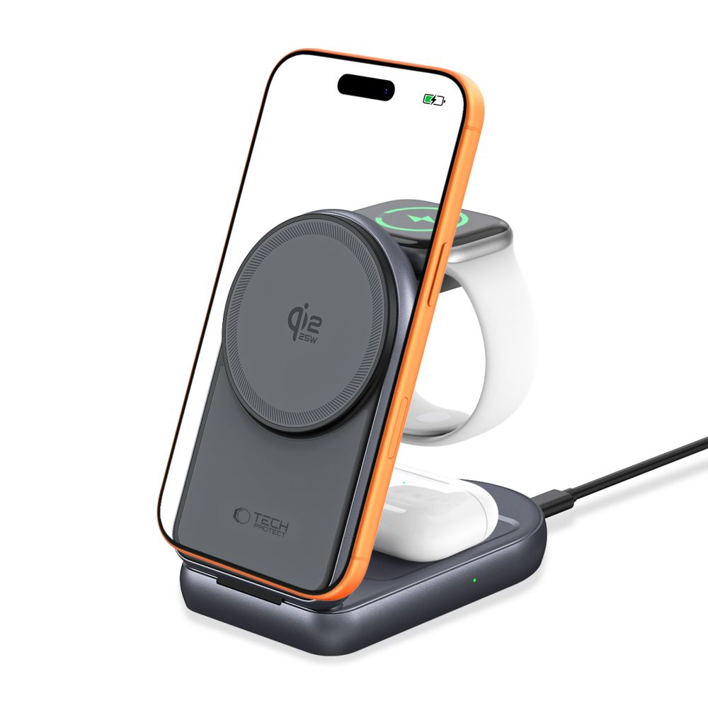 Caricatore da rete wireless Tech-Protect A53 3in1, 25W, Grigio