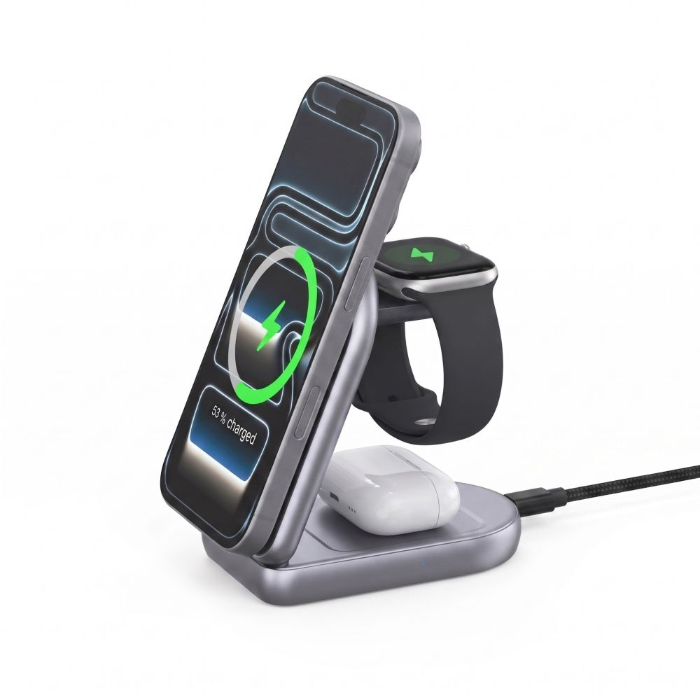 Caricatore da rete wireless Tech-Protect A53 3in1, 25W, Grigio