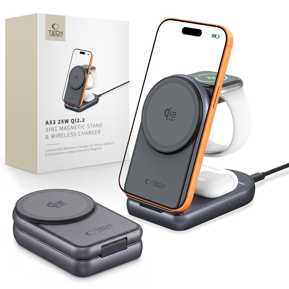 Caricatore da rete wireless Tech-Protect A53 3in1, 25W, Grigio