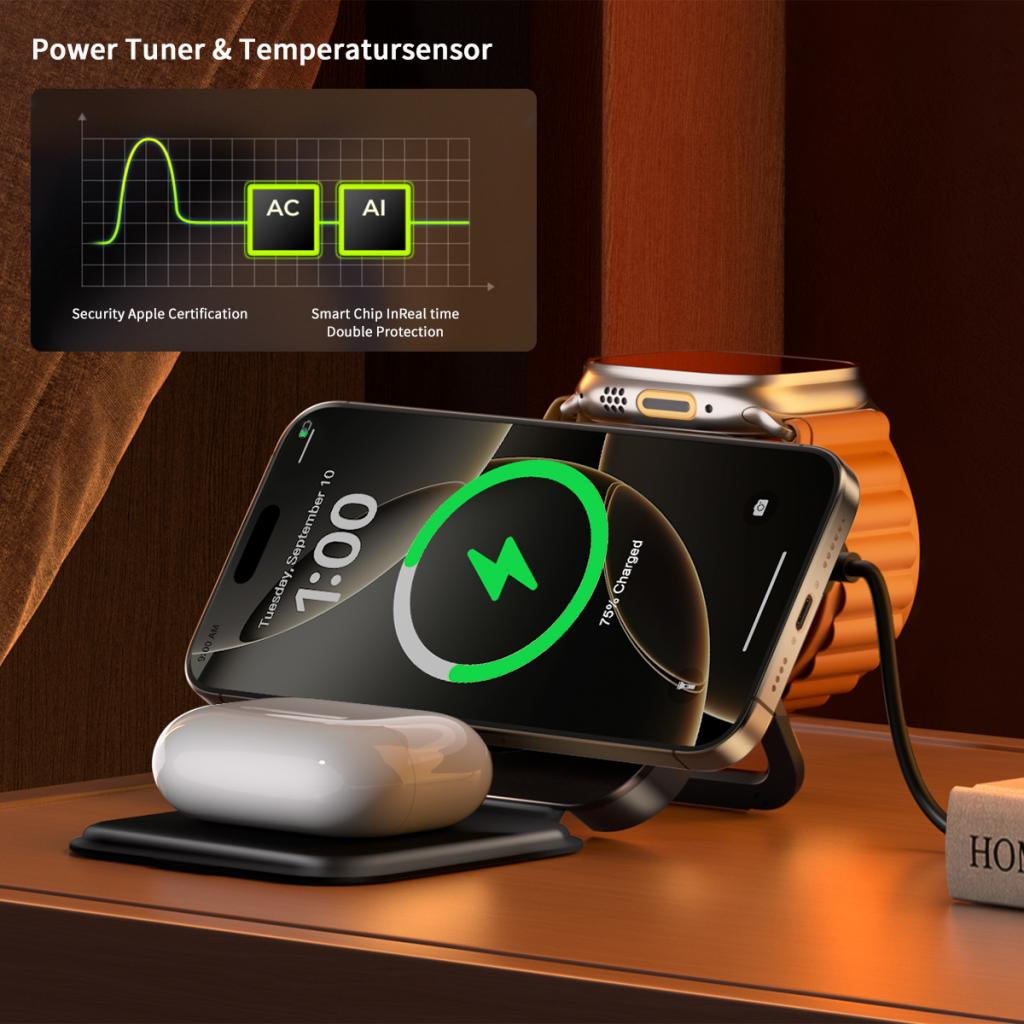 Chargeur Réseau Sans Fil XO Design CX035 3en1, 15W, 1.67A, Noir