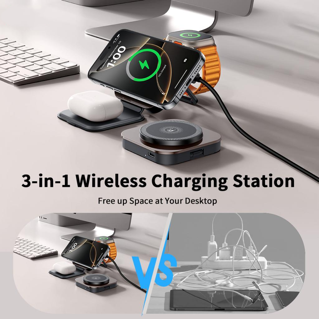 Chargeur Réseau Sans Fil XO Design CX035 3en1, 15W, 1.67A, Noir