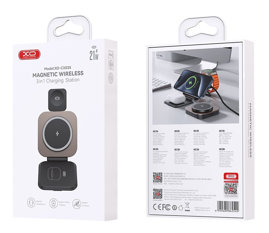 Chargeur Réseau Sans Fil XO Design CX035 3en1, 15W, 1.67A, Noir
