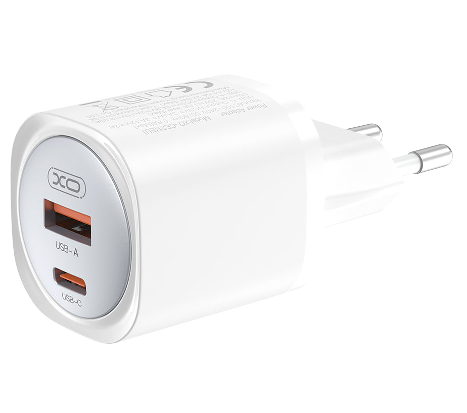 Caricabatterie Rete XO Design CE21, 30W, 3A, 1 x USB-A - 1 x USB-C, Bianco