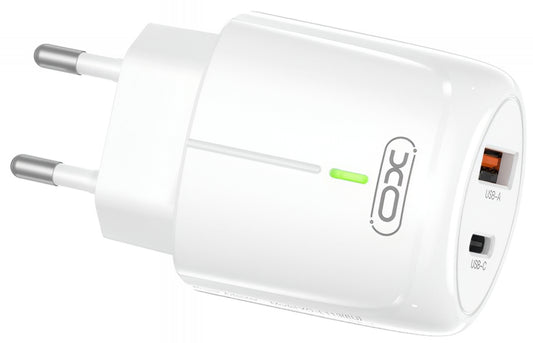 Caricabatterie Rete XO Design L114, 20W, 3A, 1 x USB-A - 1 x USB-C, Bianco