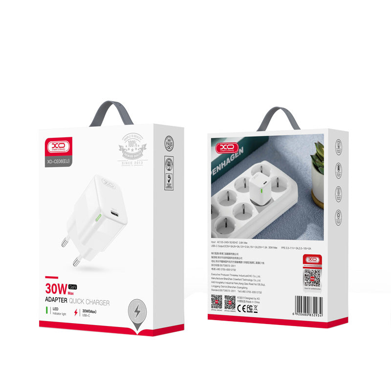 Caricabatterie Rete XO Design CE06, 30W, 3A, 1 x USB-C, Bianco