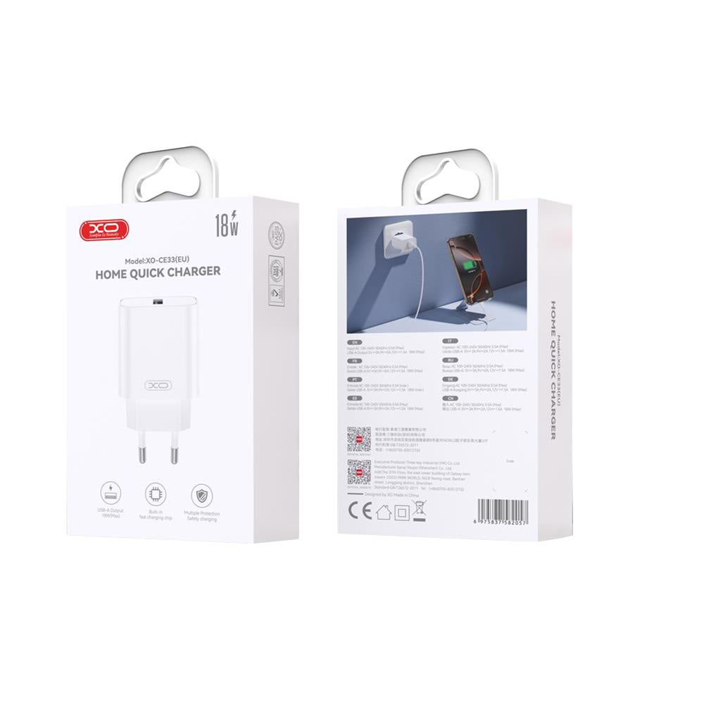 Caricabatterie Rete XO Design CE33, 18W, 3A, 1 x USB-A, Bianco