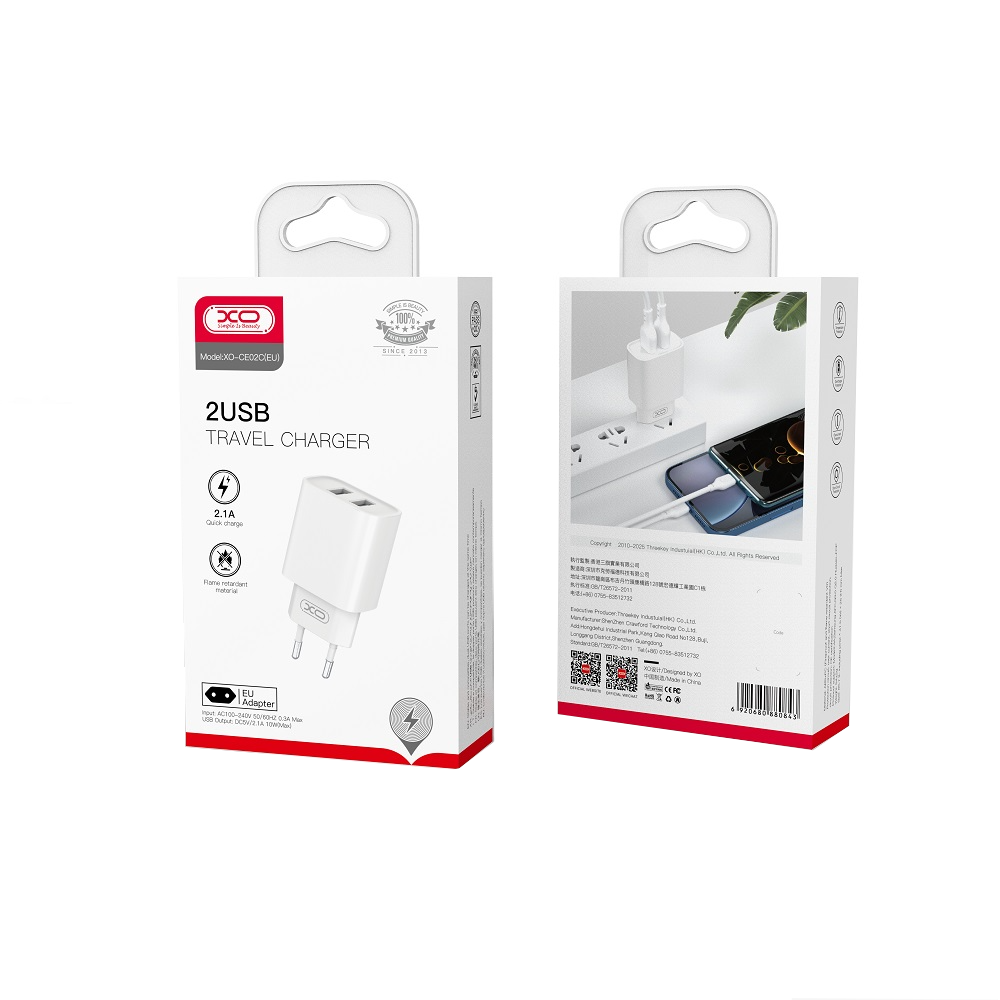 Chargeur Réseau XO Design CE02C, 10.5W, 2.1A, 2 x USB-A, Blanc