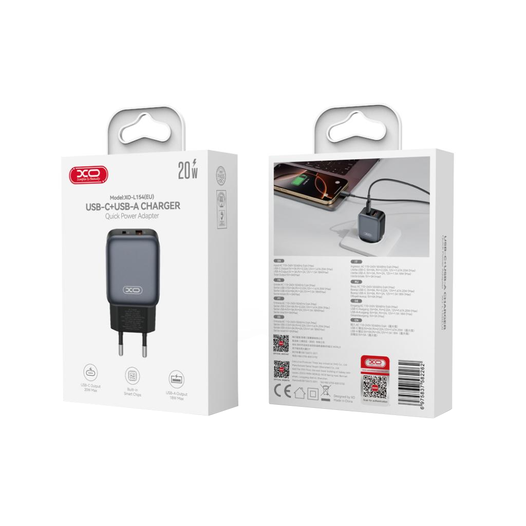 Netzladegerät XO Design L154, 20W, 3A, 1 x USB-A - 1 x USB-C, Schwarz
