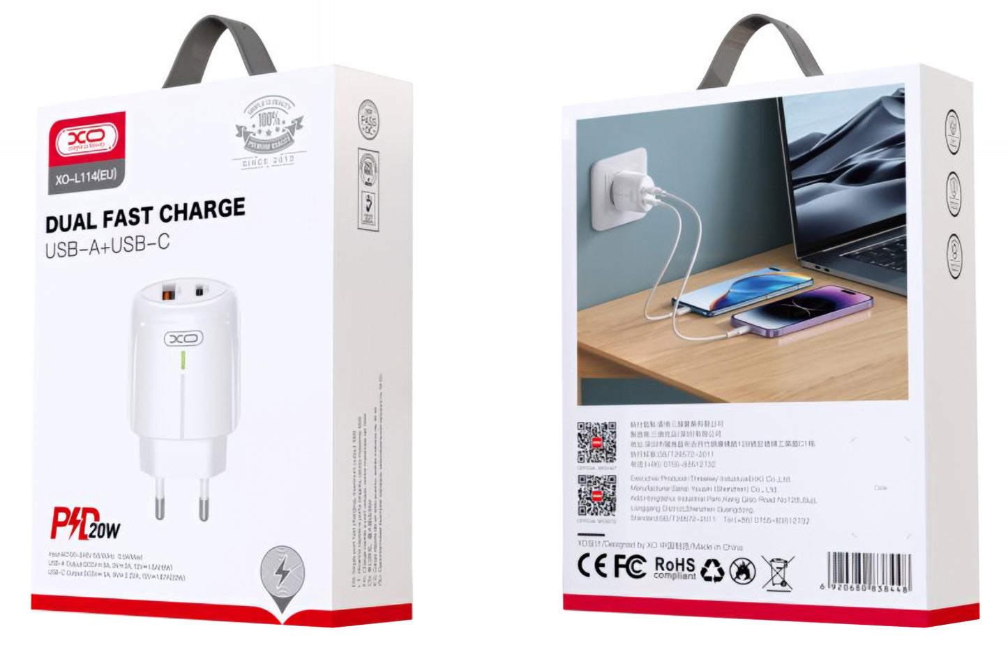 Caricabatterie Rete XO Design L114, 20W, 3A, 1 x USB-A - 1 x USB-C, Bianco