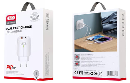 Caricabatterie Rete XO Design L114, 20W, 3A, 1 x USB-A - 1 x USB-C, Bianco