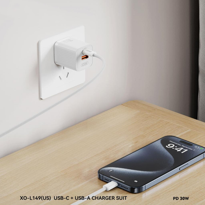 Caricatore da rete XO Design L149, 30W, 3A, 1 x USB-A - 1 x USB-C, Bianco